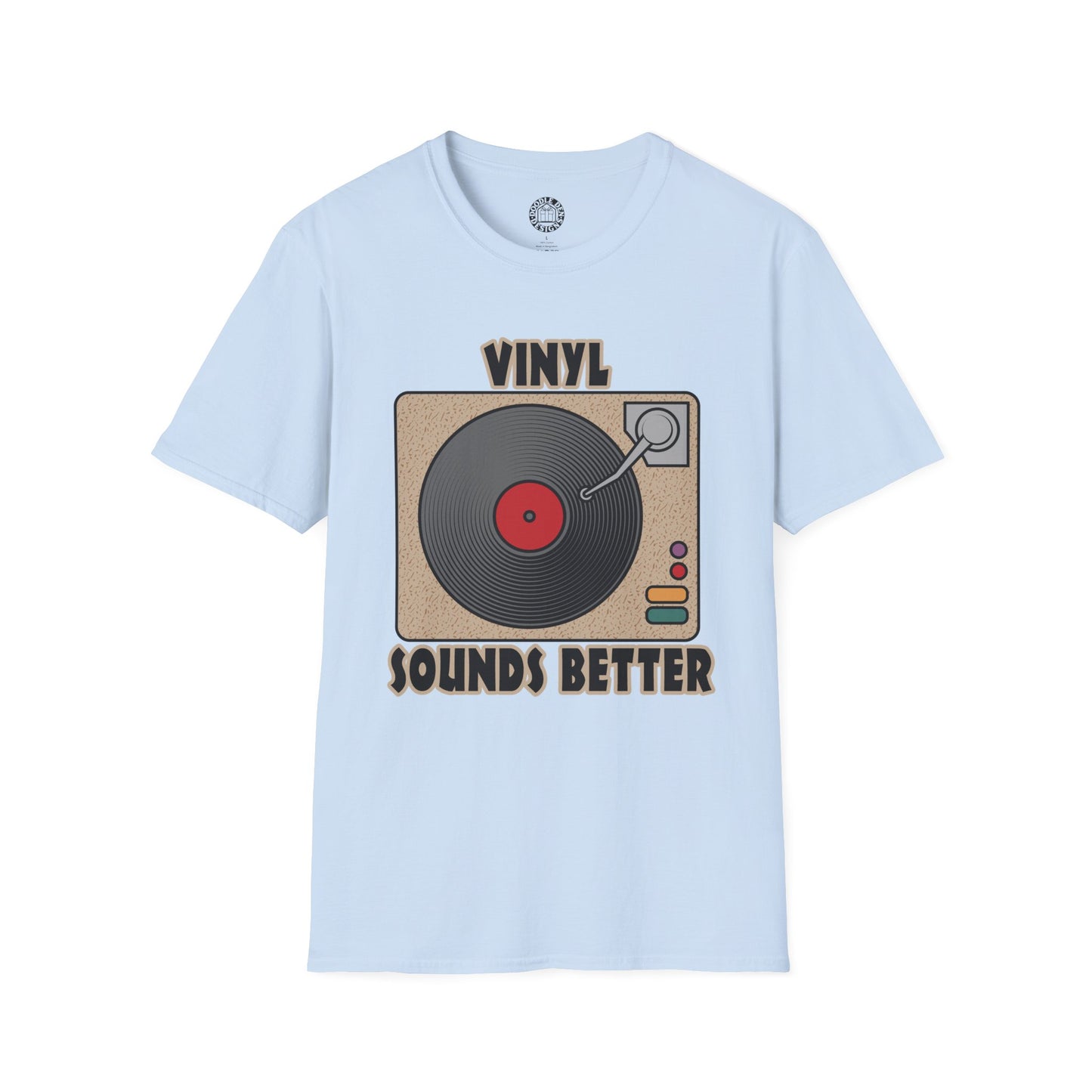 Light blue t-shirt with vinyl record design and text on a white background