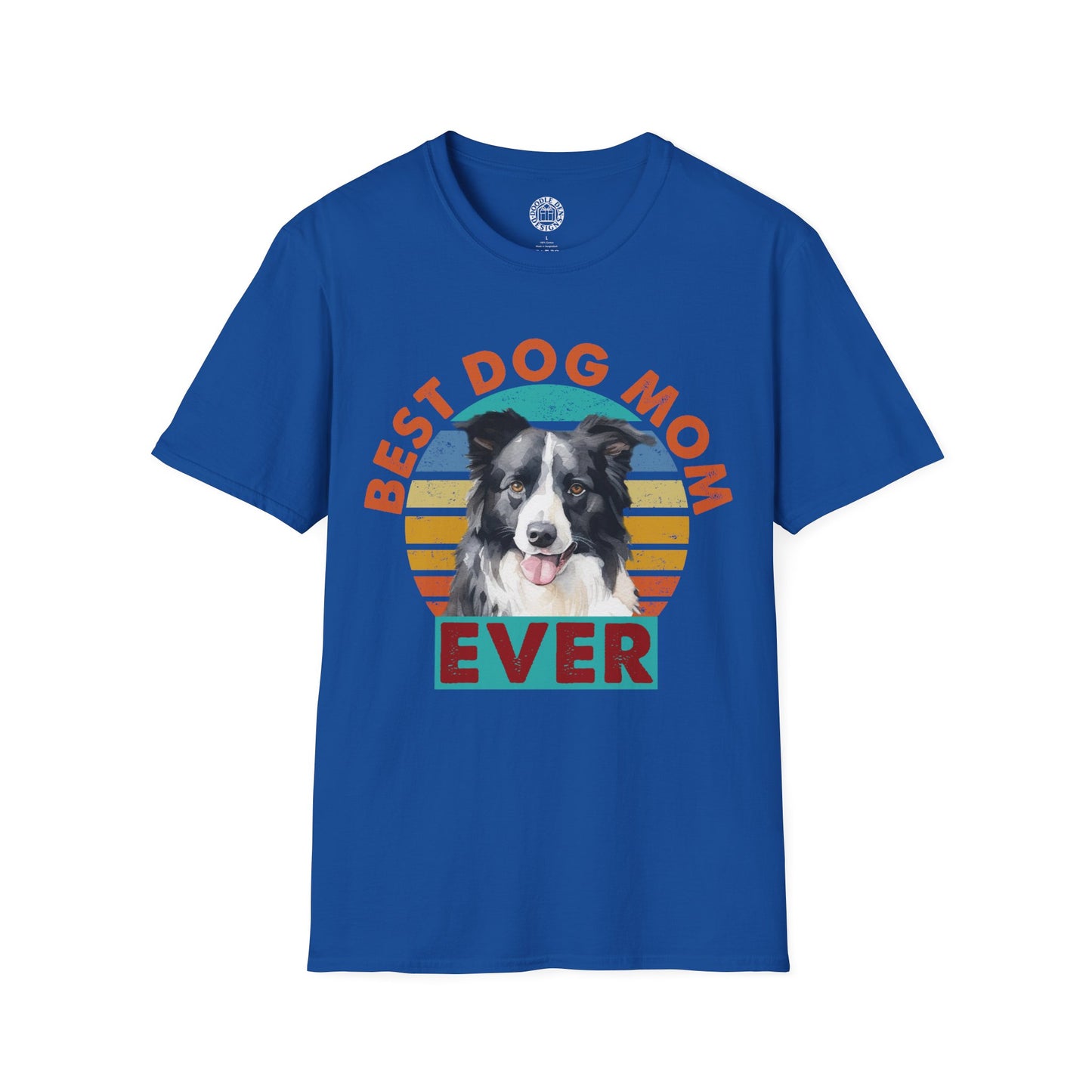 Blue t-shirt with a border collie dog graphic and text on a white background