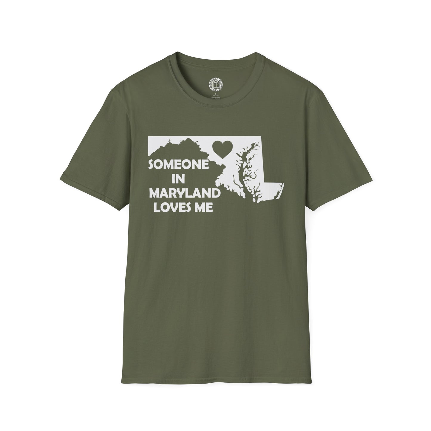 Green t-shirt with 'Someone in Maryland loves me' design on a white background