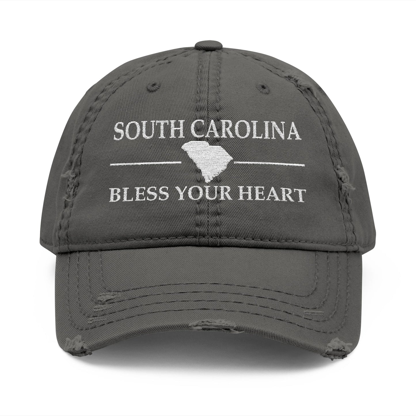 Gray cap with 'South Carolina Bless Your Heart' text and state outline  embroidered in white thread