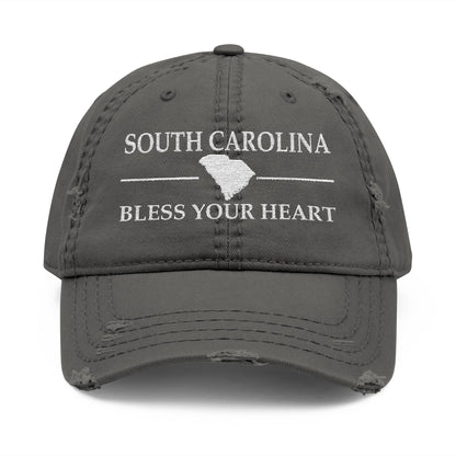 Gray cap with 'South Carolina Bless Your Heart' text and state outline  embroidered in white thread