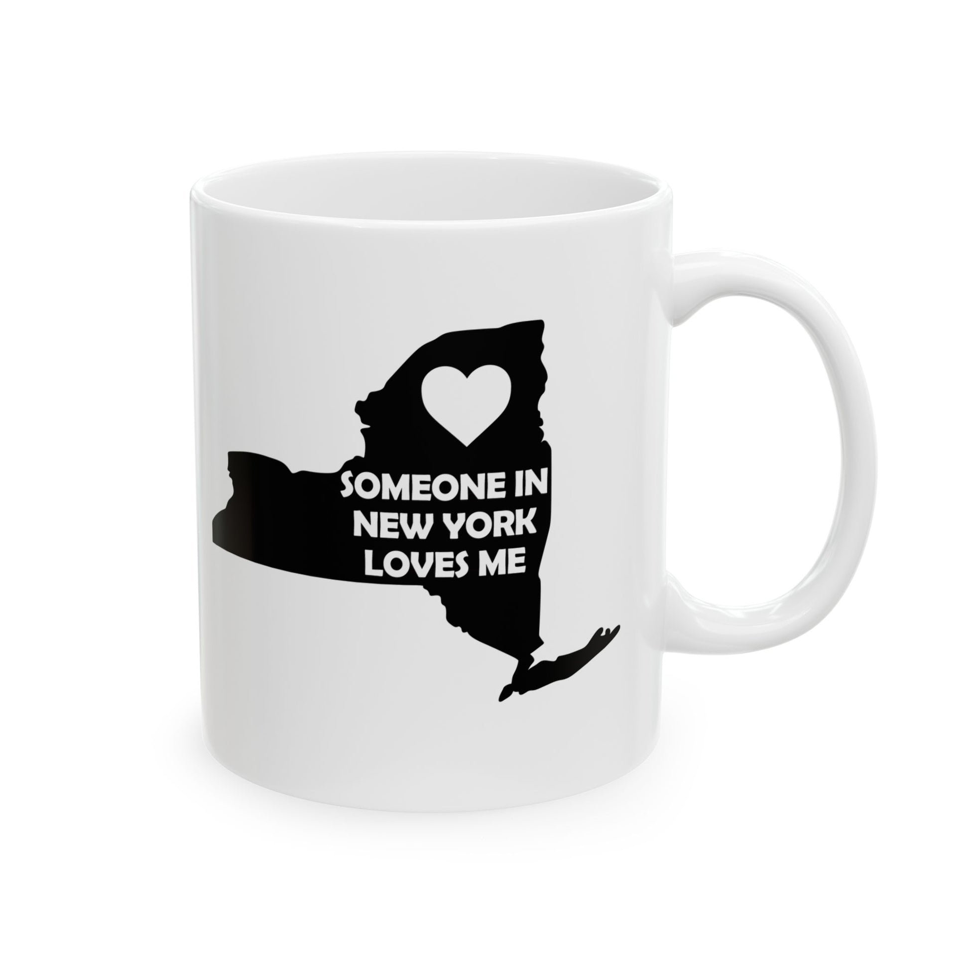 White mug with black silhouette of New York state and heart, text 'Someone in New York loves me' on a white background