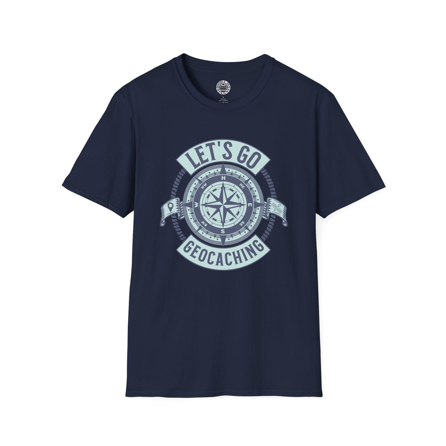 Navy blue t-shirt with 'Let's Go Geocaching' graphic on a white background