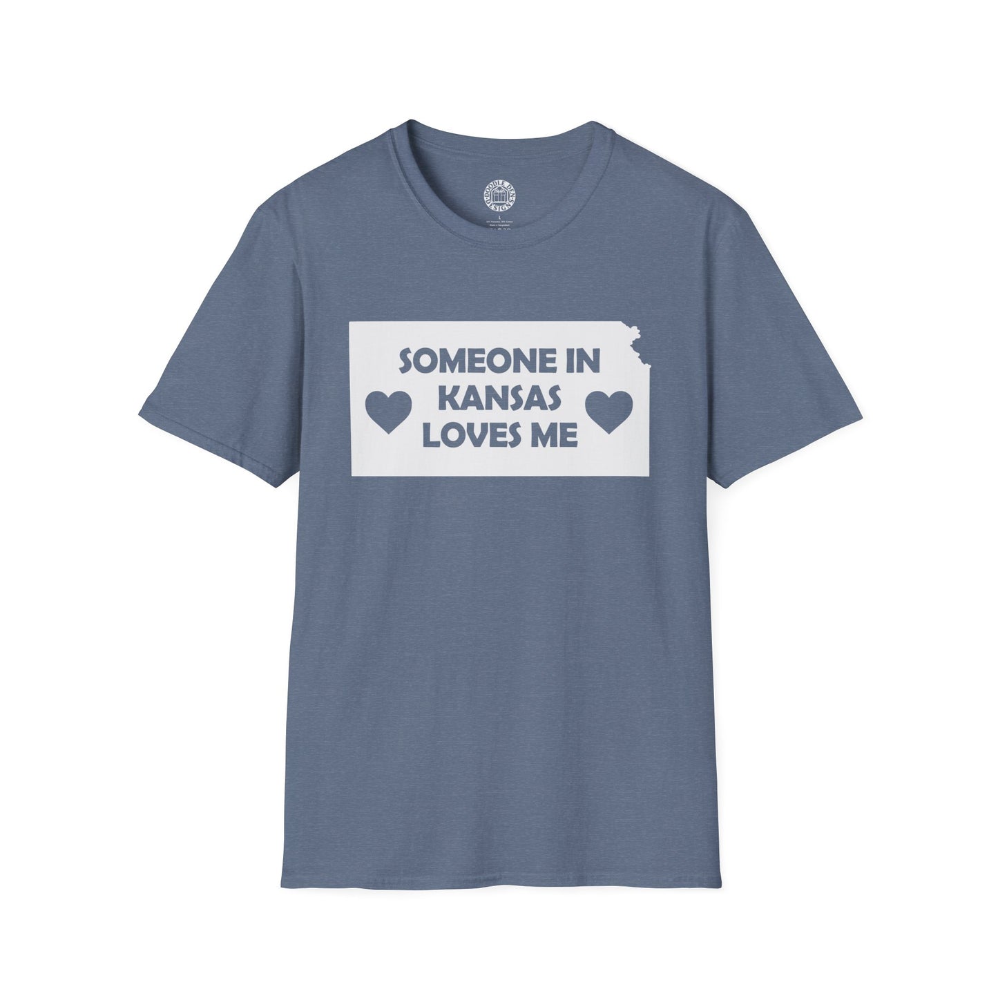 Blue t-shirt with 'Someone in Kansas Loves Me' text on a white background
