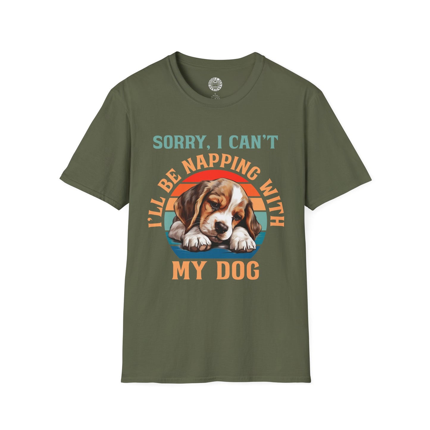 Green t-shirt with a beagle dog graphic and text on a white background