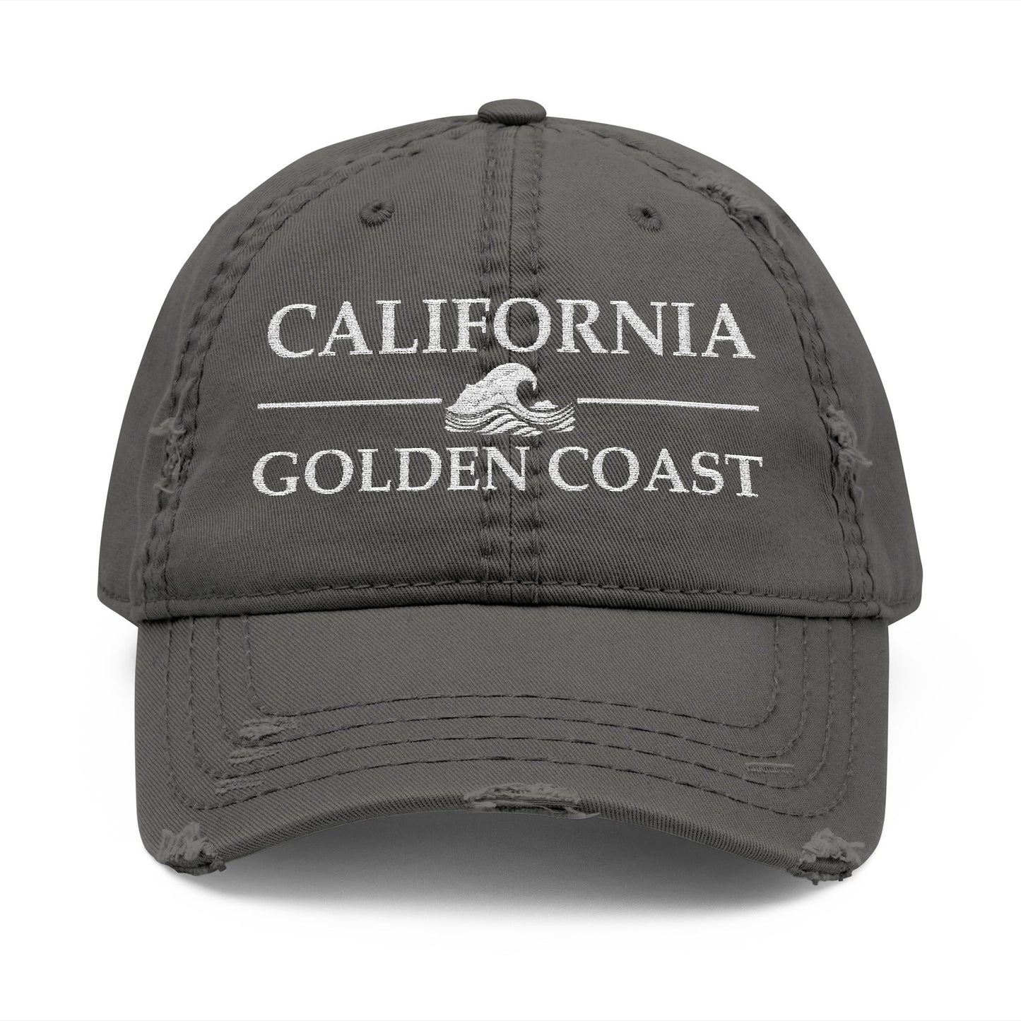 Gray cap with 'California Golden Coast' text and wave graphic  embroidered in white thread