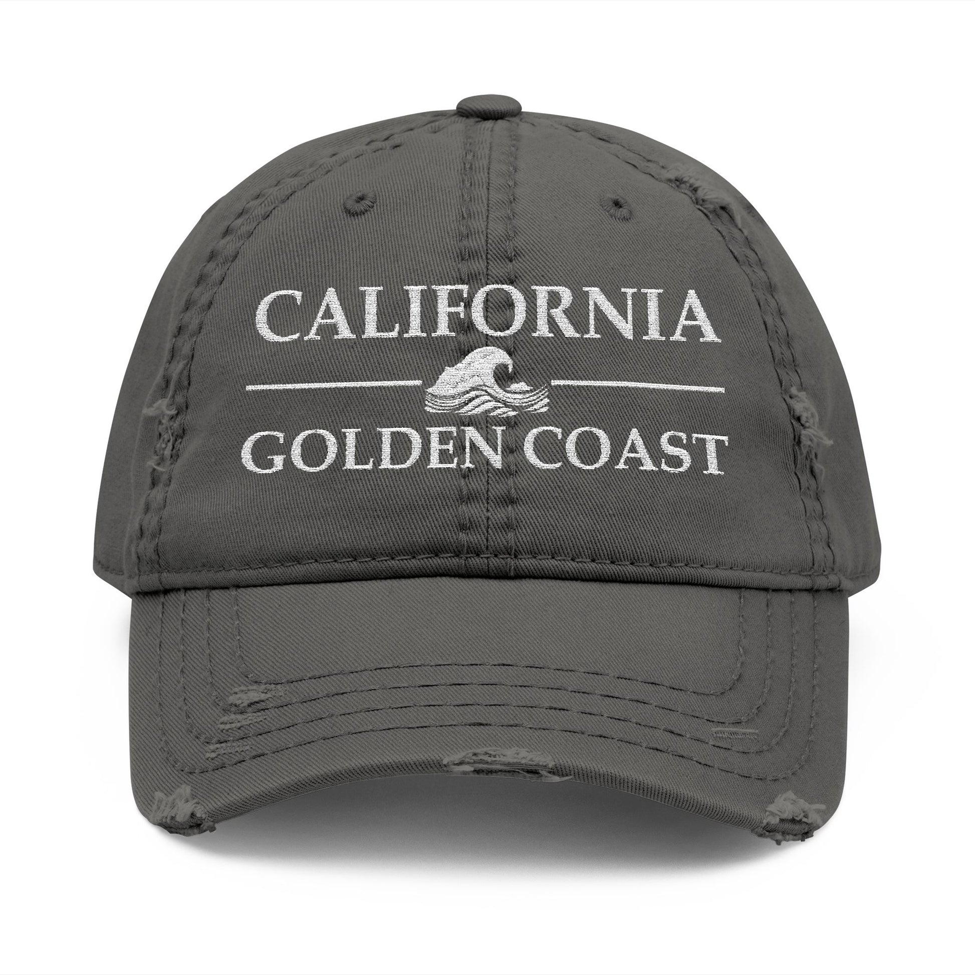 Gray cap with 'California Golden Coast' text and wave graphic  embroidered in white thread