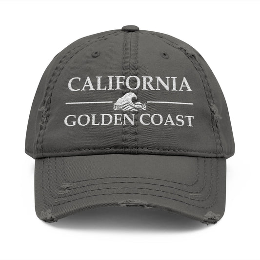 Gray cap with 'California Golden Coast' text and wave graphic  embroidered in white thread