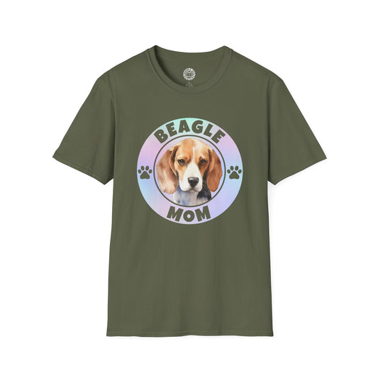 Green t-shirt with a beagle graphic and 'Beagle Mom' text on a white background