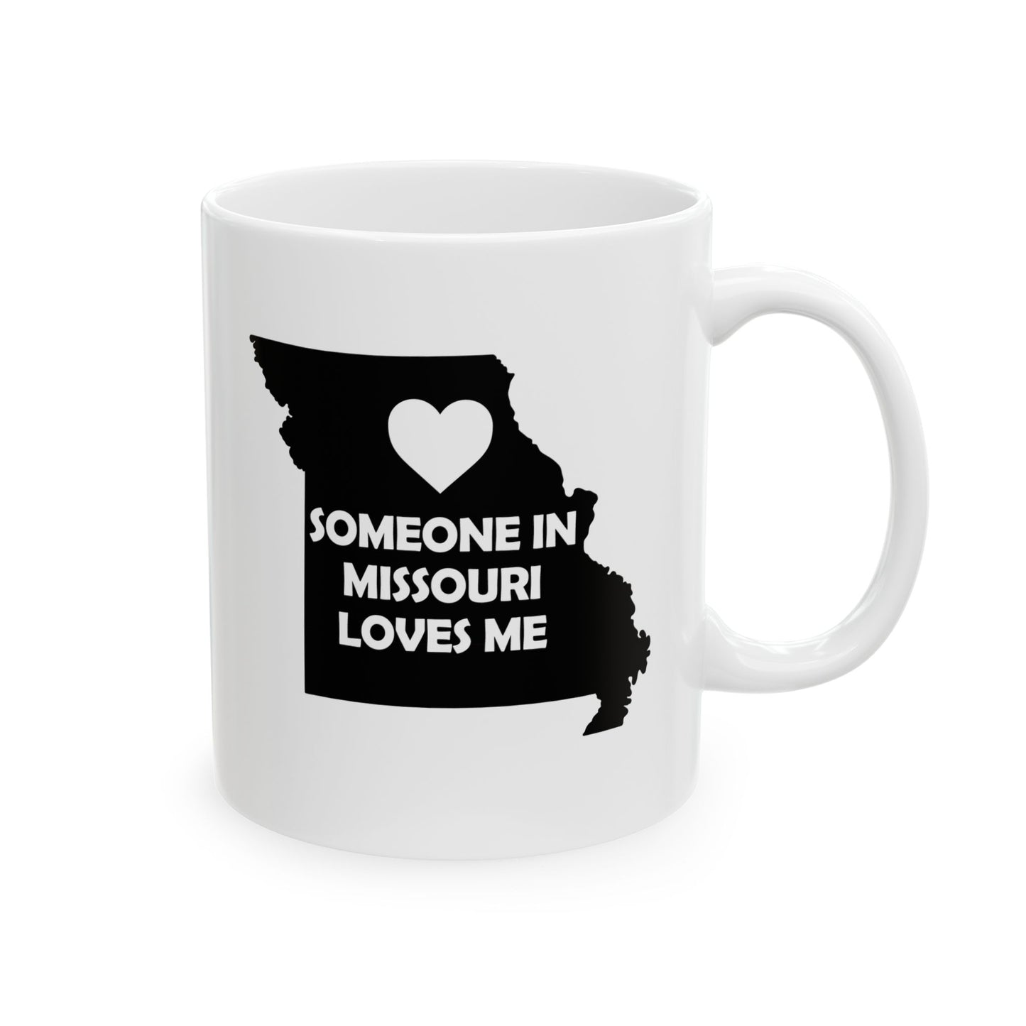 White mug with black silhouette of Missouri and heart, text 'Someone in Missouri loves me' on a white background