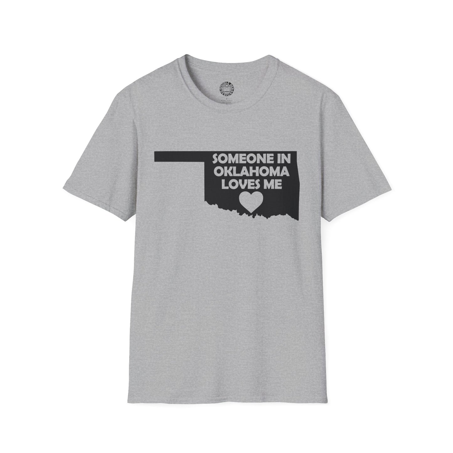 Gray t-shirt with 'Someone in Oklahoma Loves Me' graphic on a white background