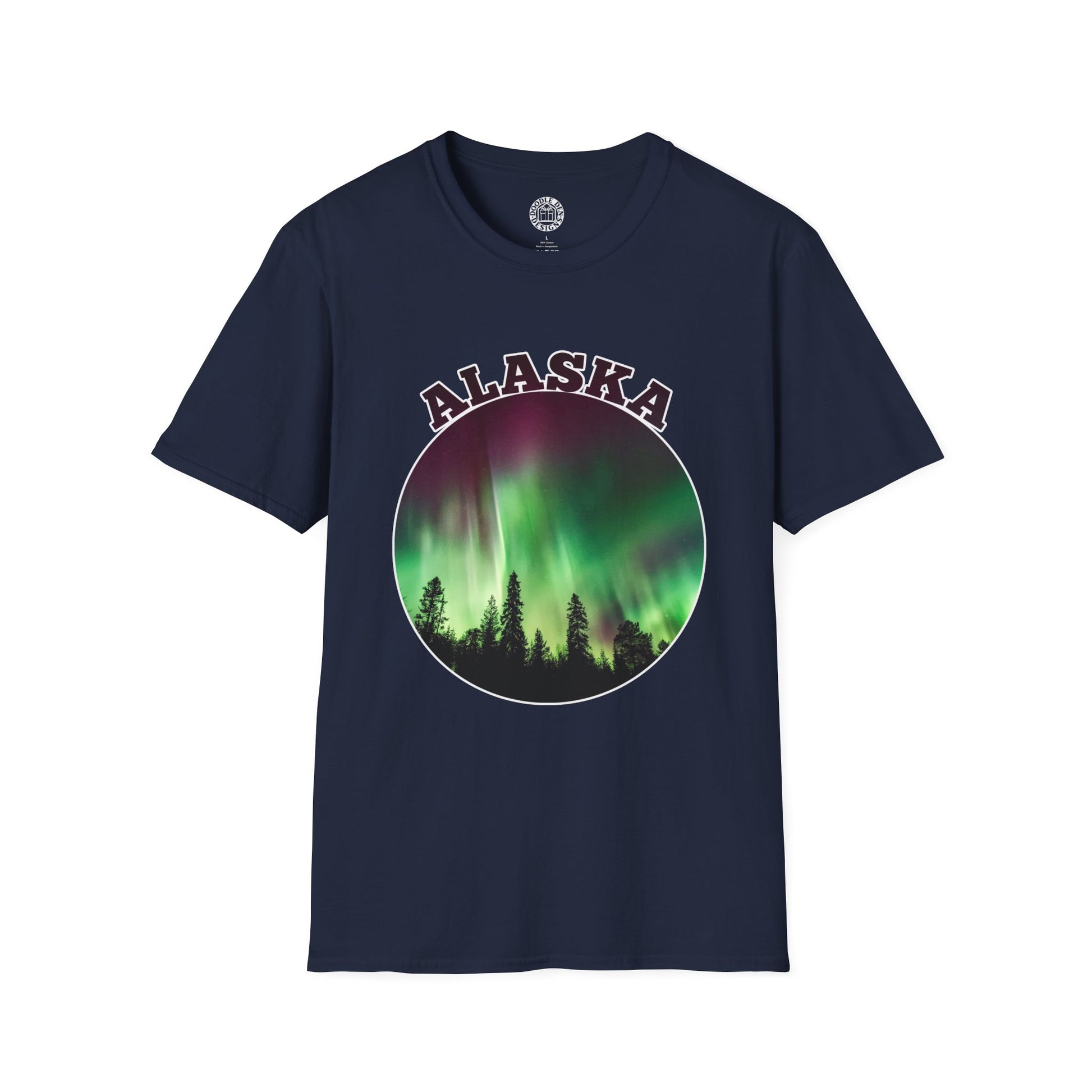 Navy blue t-shirt with 'Alaska' and Northern Lights design on a white background