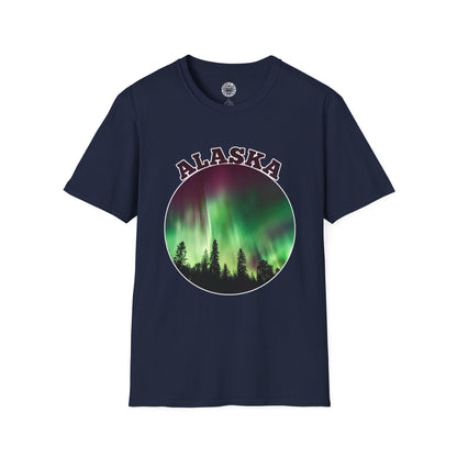 Navy blue t-shirt with 'Alaska' and Northern Lights design on a white background