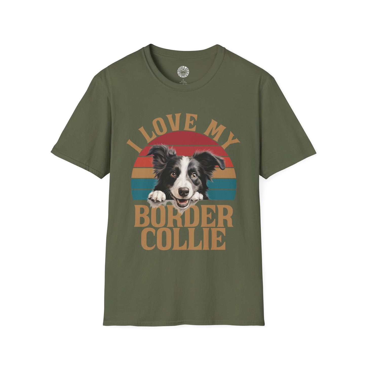 Green t-shirt with a graphic of a border collie and text 'I Love My Border Collie' on a white background
