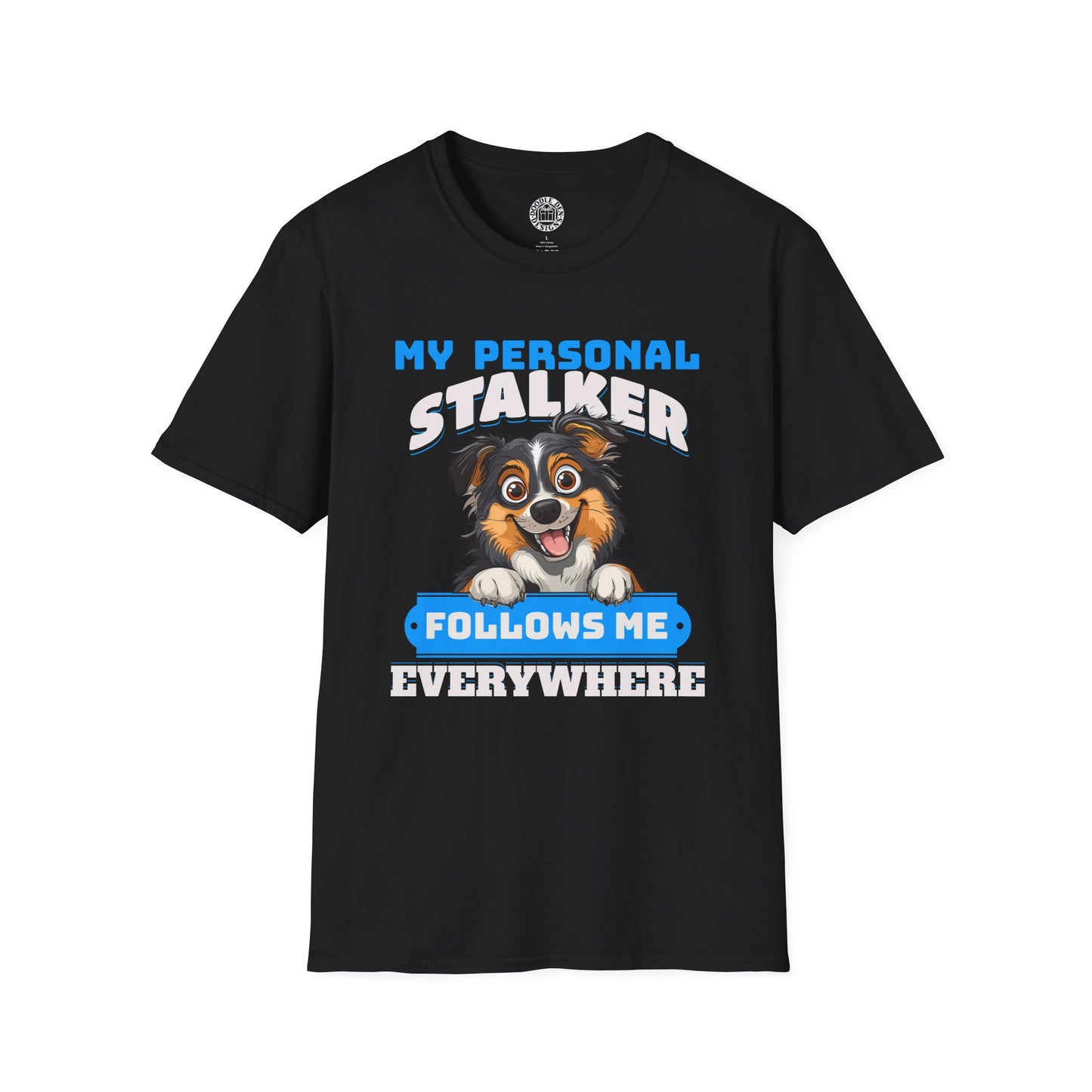 Black t-shirt with a Australian Shepherd dog graphic and text on a white background